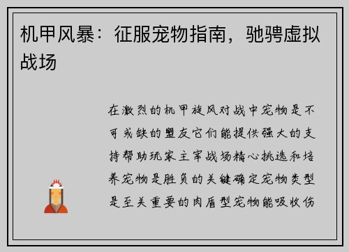 机甲风暴：征服宠物指南，驰骋虚拟战场