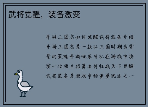 武将觉醒，装备激变